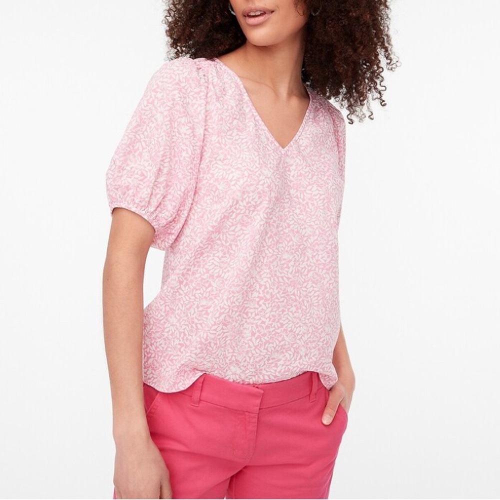 J. Crew Cotton V-Neck Puff-Sleeve Floral Womens Pink/White Blouse Size Large NEW